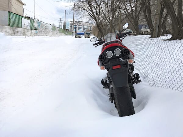 bike parked on snow
